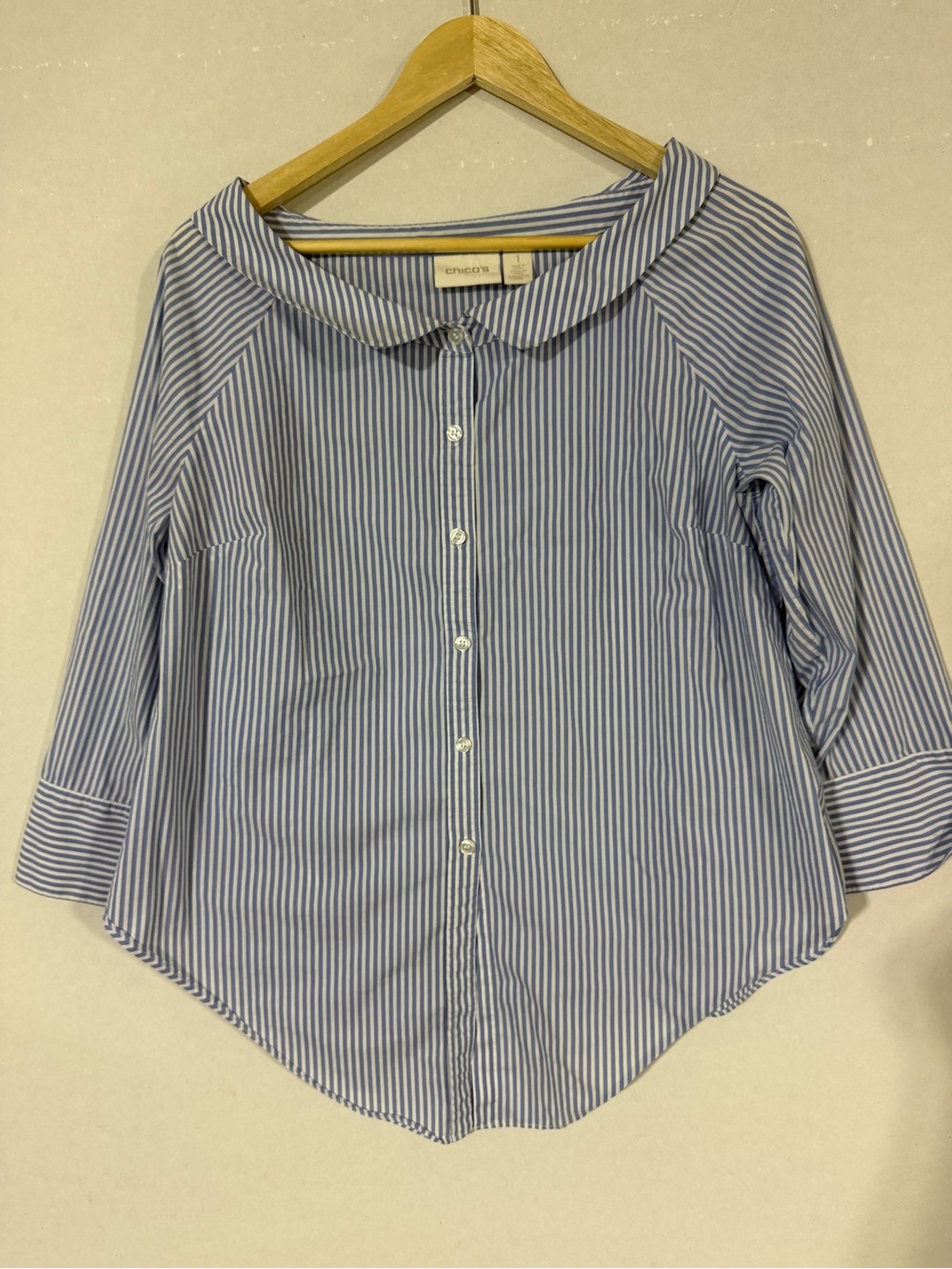 Chico's Blue and White Striped Button-Down Blouse